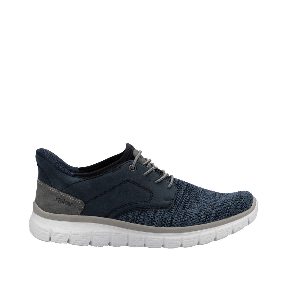 Rieker B6658-14 men's wide-fit midnight textile slip-on trainers with cushioned white outsole.
