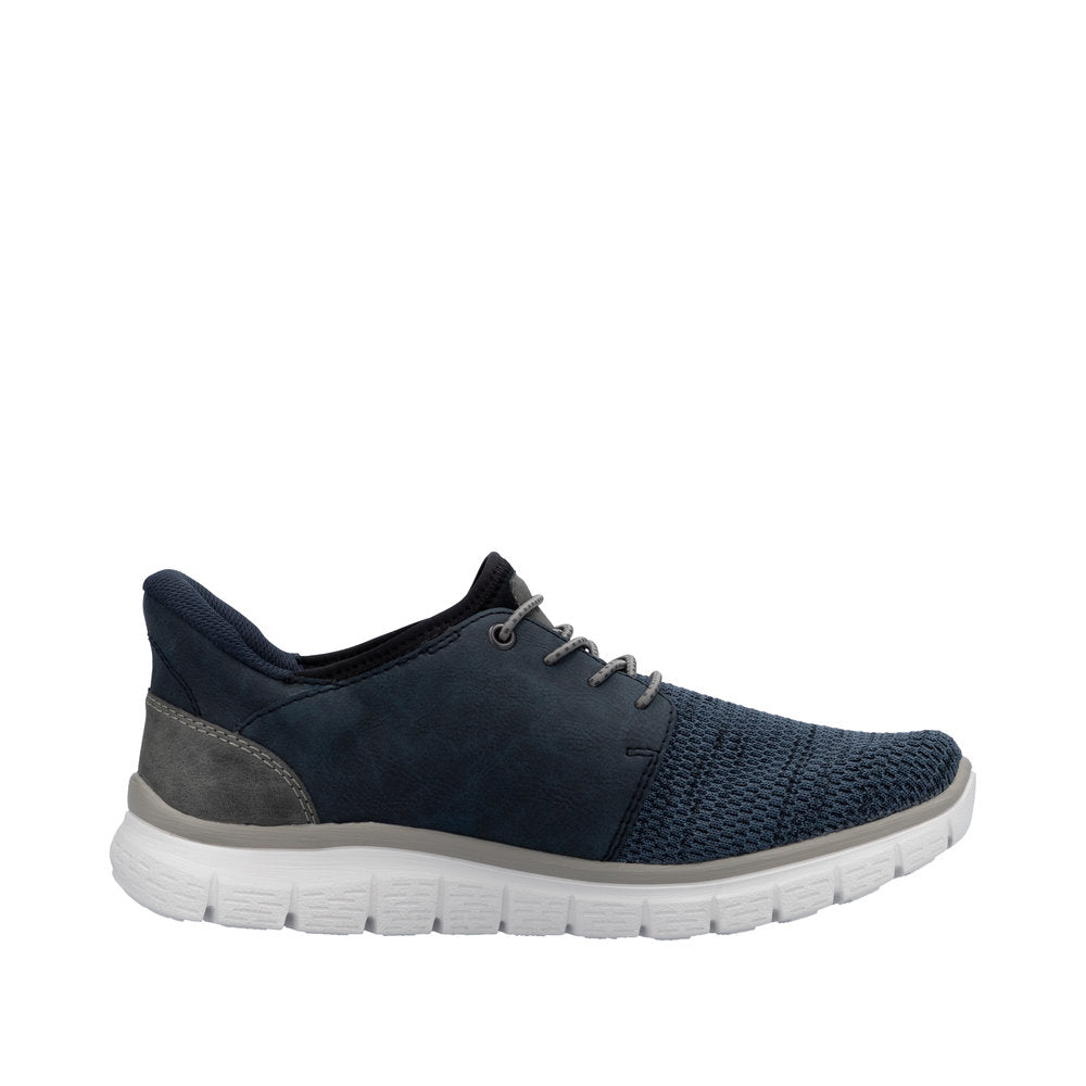 Rieker B6658-14 men's wide-fit navy textile slip-on trainers with cushioned white rubber sole.