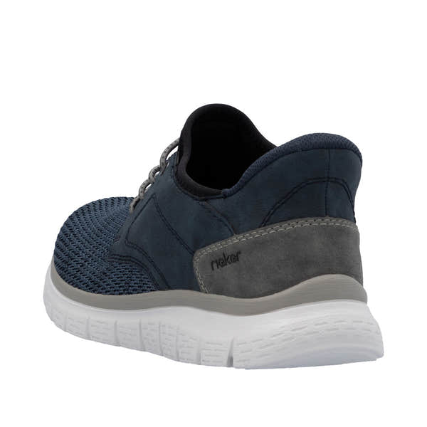 Rieker B6658-14 men's wide-fit midnight textile slip-on trainers with cushioned sole and sporty design.