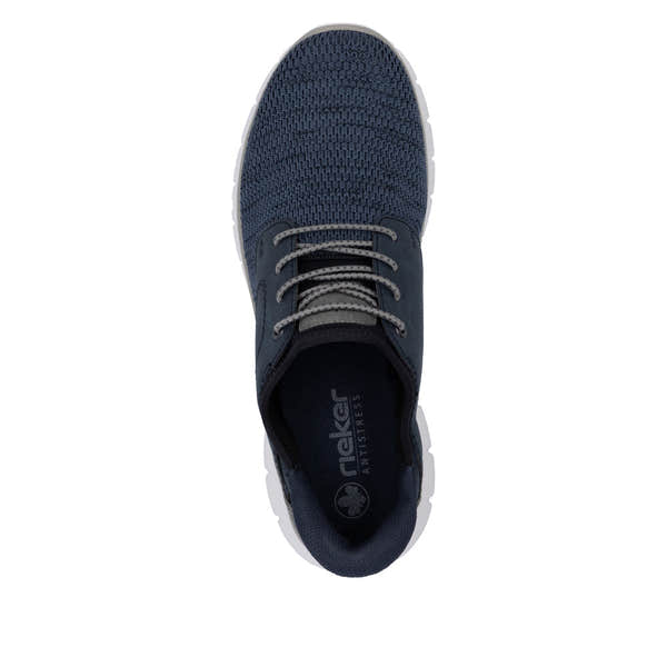 Men's navy blue Rieker B6658-14 wide fit textile slip-on trainers with grey laces and cushioned interior.