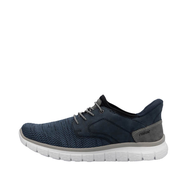 Rieker B6658-14 men's wide-fit midnight textile slip-on trainers with cushioned white sole.
