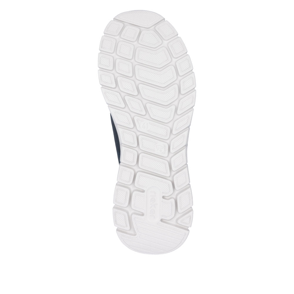 Rieker B6658-14 men's wide-fit midnight textile slip-on trainers with white rubber outsole, cushioned sole, and slip-on design.