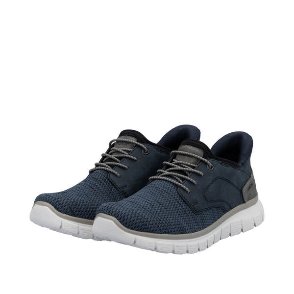 Rieker B6658-14 men's wide-fit midnight textile slip-on trainers with cushioned sole and lace-up design.