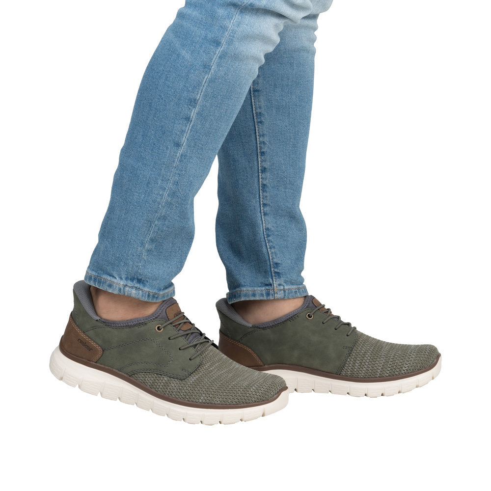 Rieker B6658-52 men's slip-on trainers, wide fit, green textile, casual athletic shoes with white rubber soles.