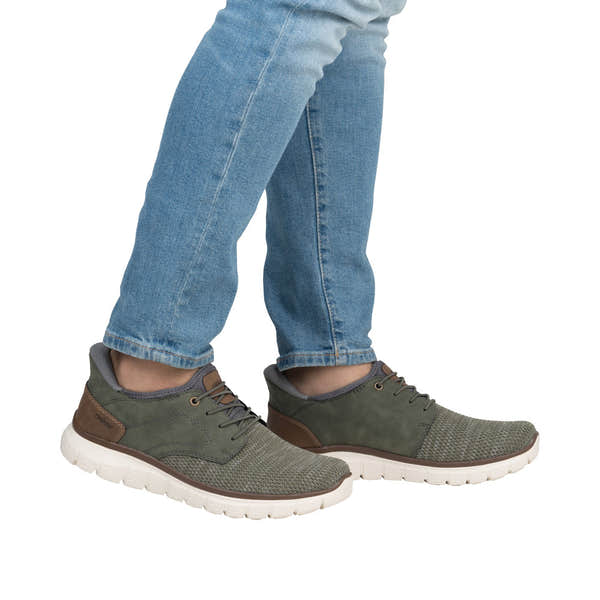 Rieker B6658-52 men's slip-on trainers, wide fit, green textile, casual athletic shoes with white rubber soles.