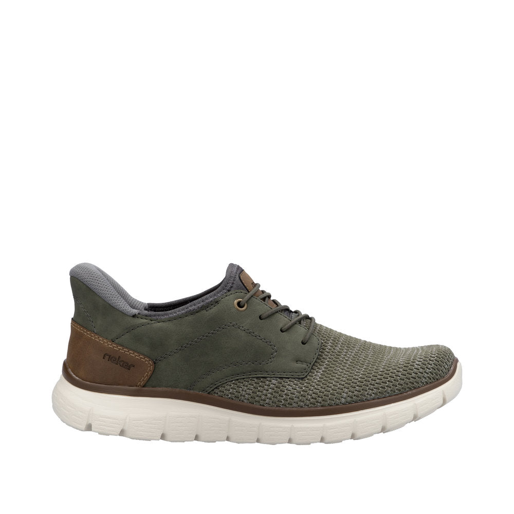 Rieker B6658-52 men's wide fit green textile slip-on trainers with cushioned sole and brown accents.