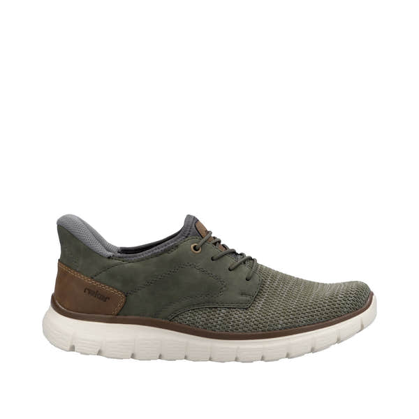 Rieker B6658-52 men's wide fit green textile slip-on trainers with cushioned sole and brown accents.