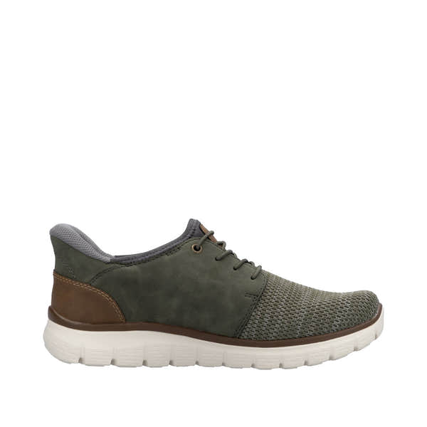 Rieker B6658-52 men's wide fit green textile slip-on trainers with breathable mesh toe and cushioned sole.