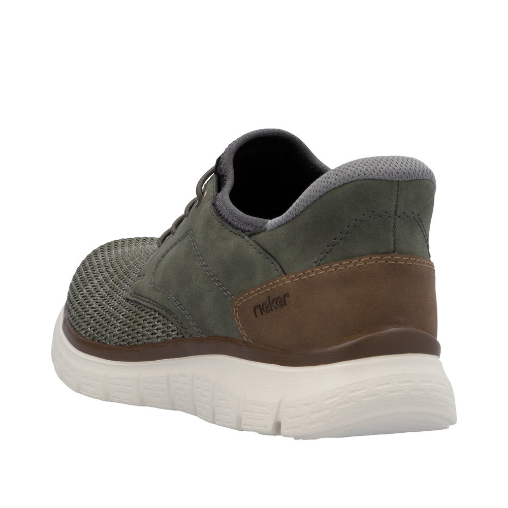 Rieker B6658-52 men's wide fit green textile slip-on trainers with brown accents and a white rubber sole.