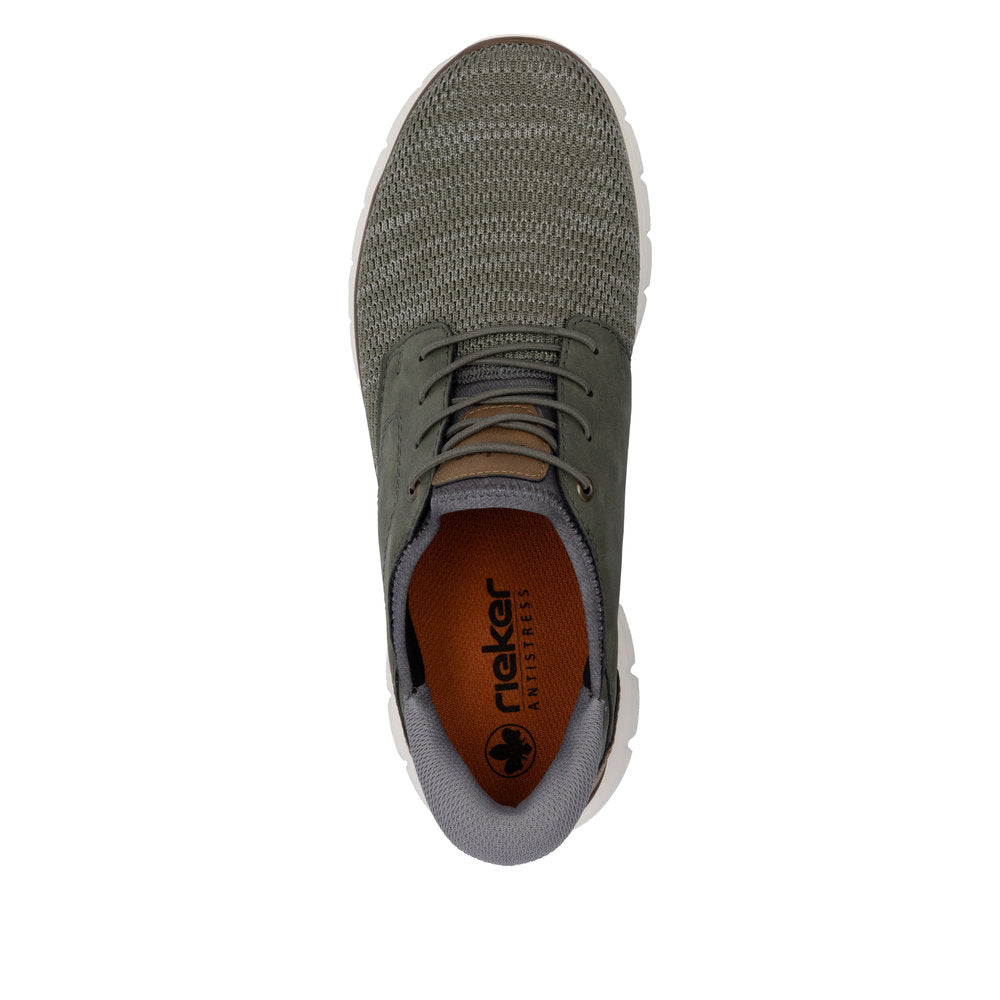 Rieker B6658-52 men's wide fit green textile slip-on trainers with cushioned sole and breathable upper.