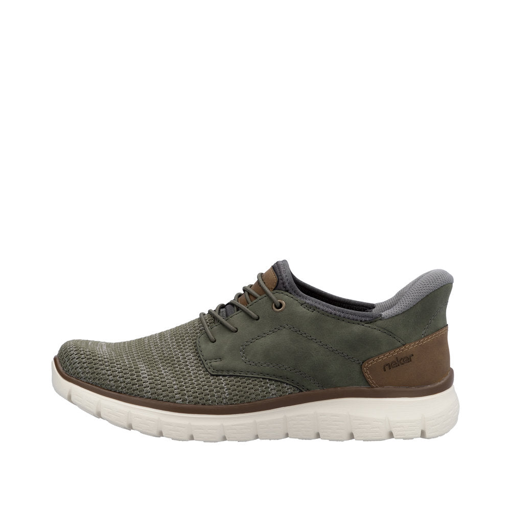 Rieker B6658-52 men's wide fit green textile slip-on trainers with cushioned white sole.