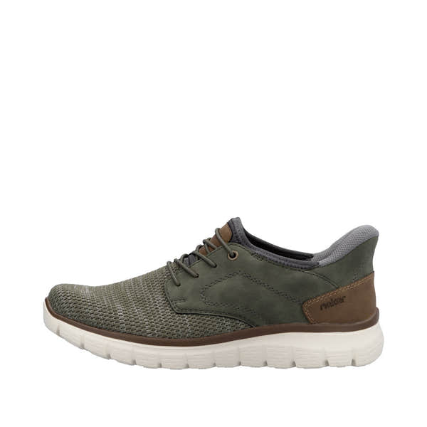 Rieker B6658-52 men's wide fit green textile slip-on trainers with cushioned white sole.