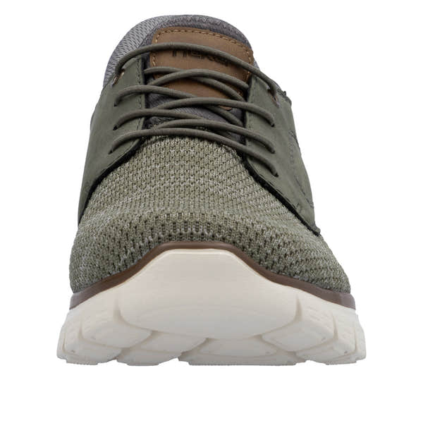 Rieker B6658-52 men's wide fit green textile slip-on trainers, sporty casual footwear with cushioned sole.