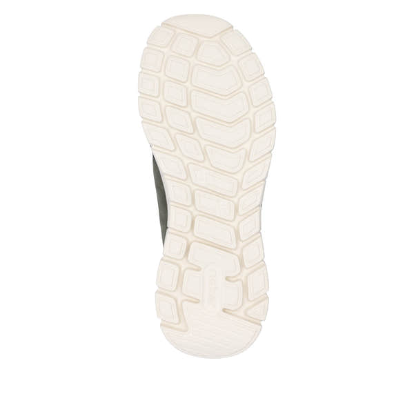 Rieker B6658-52 men's wide fit green textile slip-on trainers with white rubber sole and textured tread.