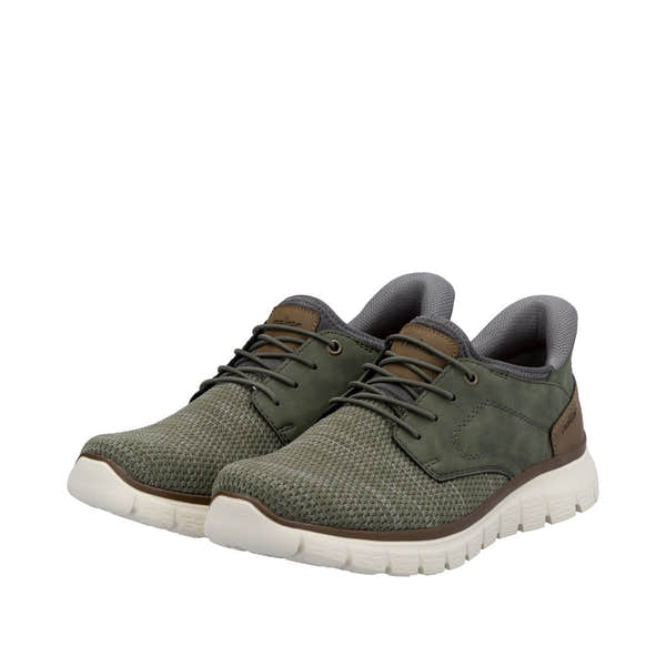 Rieker B6658-52 men's wide green textile slip-on trainers with cushioned collar and white sole.