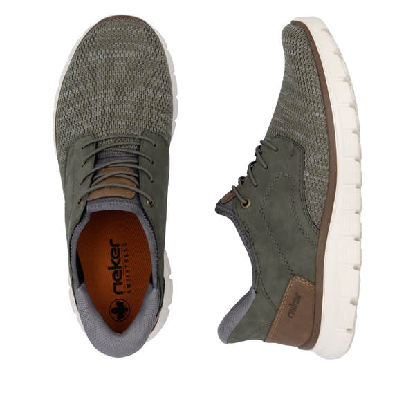 Rieker B6658-52 men's wide fit green textile slip-on trainers with cushioned sole and lace-up design.