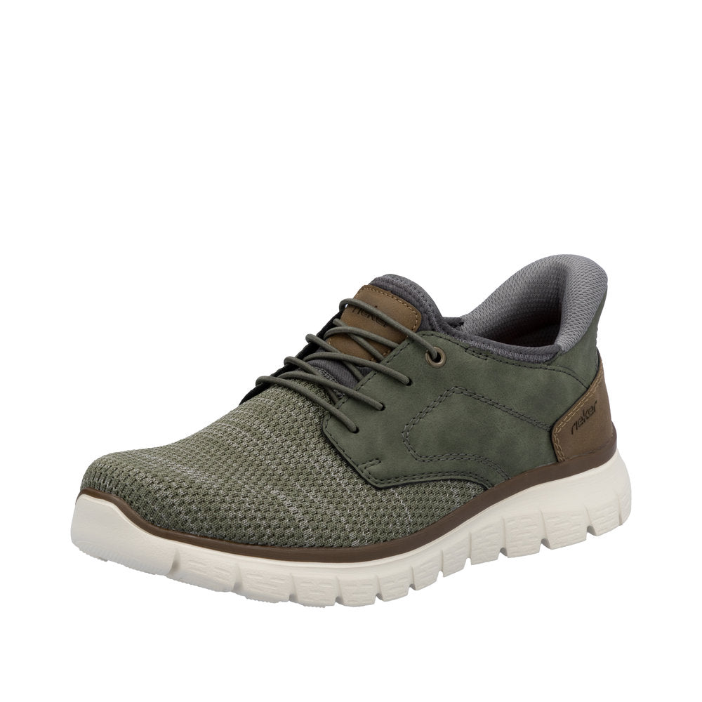 Rieker B6658-52 men's wide fit green textile slip-on trainers with cushioned sole and sporty design.