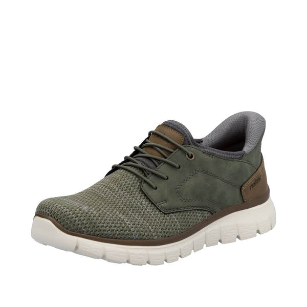 Rieker B6658-52 men's wide fit green textile slip-on trainers with cushioned sole and sporty design.