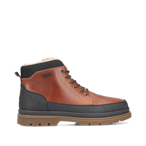 Rieker F7044-25 men's wide brown/black leather water resistant zip & lace ankle boots, opposite side view.