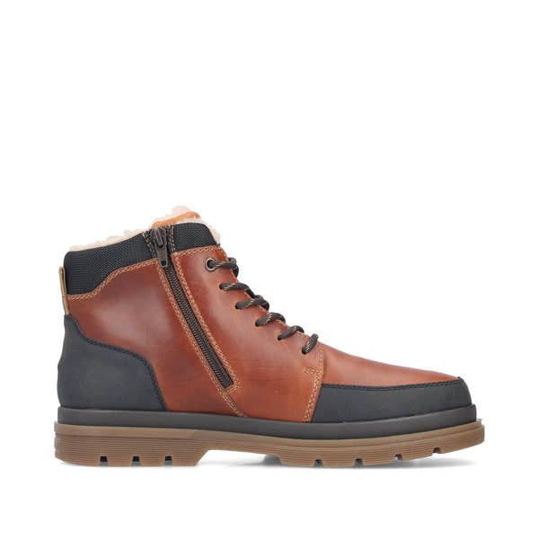 Rieker F7044-25 men's wide brown/black leather water resistant zip & lace ankle boots, outer side view.