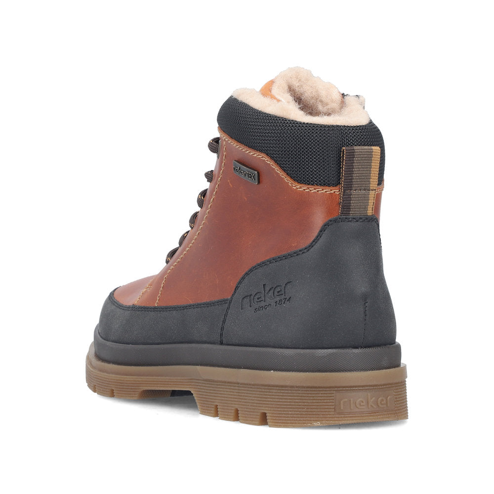 Rieker F7044-25 men's wide brown/black leather water resistant zip & lace ankle boots, rear three-quarter view.