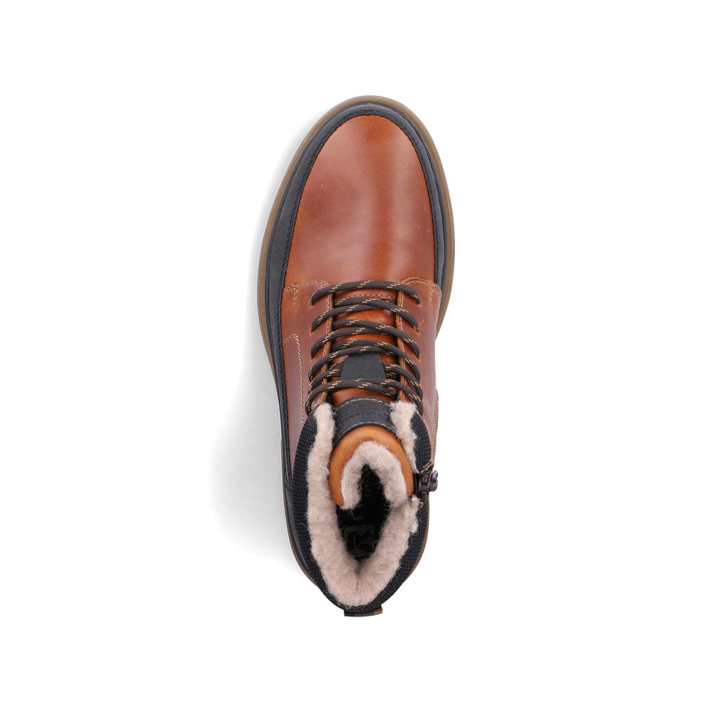 Rieker F7044-25 men's wide brown/black leather water resistant zip & lace ankle boots, top view.