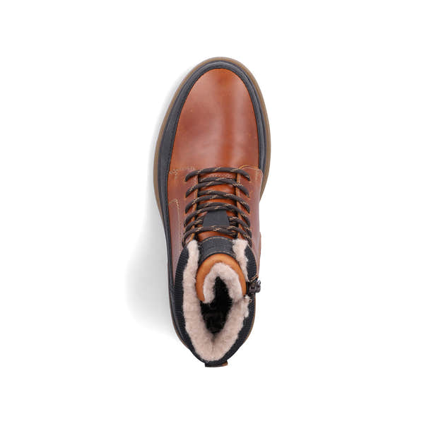 Rieker F7044-25 men's wide brown/black leather water resistant zip & lace ankle boots, top view.