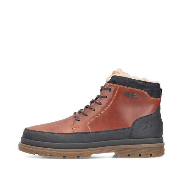 Rieker F7044-25 men's wide brown/black leather water resistant zip & lace ankle boots, inner side view.
