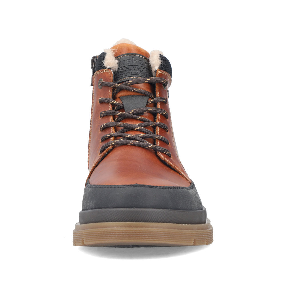 Rieker F7044-25 men's wide brown/black leather water resistant zip & lace ankle boots, front view.