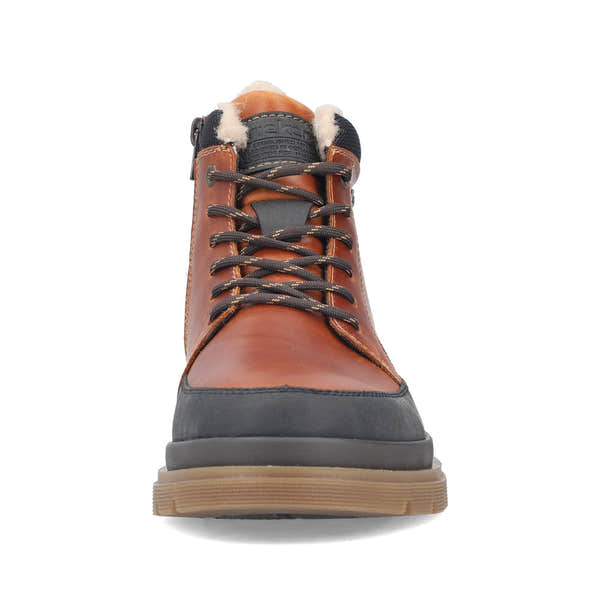 Rieker F7044-25 men's wide brown/black leather water resistant zip & lace ankle boots, front view.