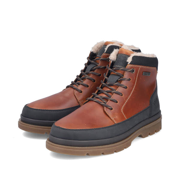 Rieker F7044-25 men's wide brown/black leather water resistant zip & lace ankle boots, paired three-quarter view.