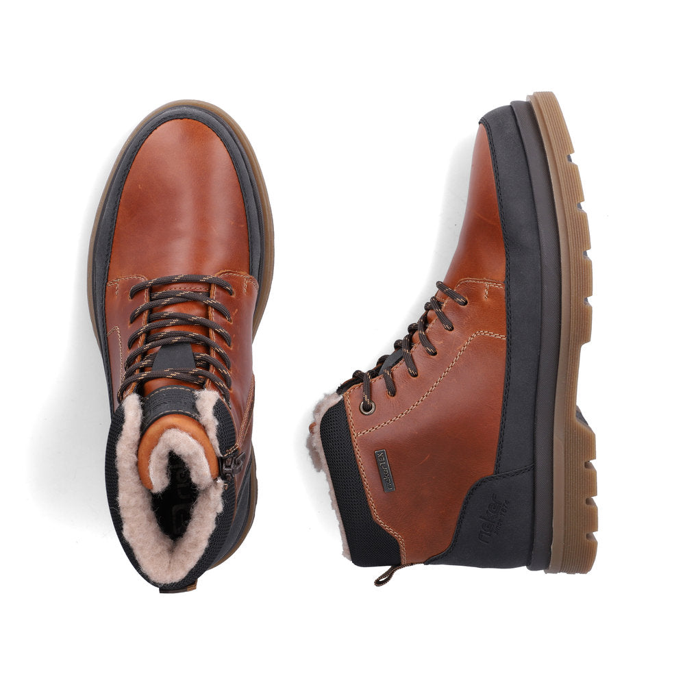 Rieker F7044-25 men's wide brown/black leather water resistant zip & lace ankle boots, two-angle product view.