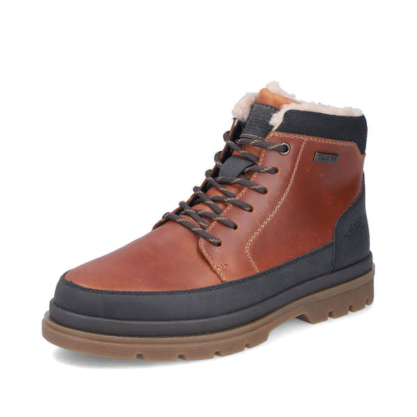Rieker F7044-25 men's wide brown/black leather water resistant zip & lace ankle boots, front three-quarter view.