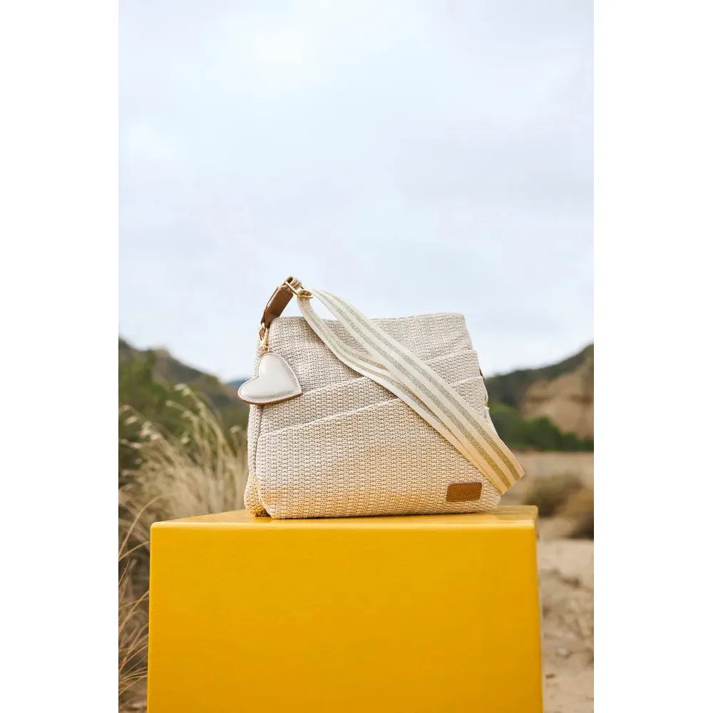 Rieker H1004-62 Pale Gold Handbag with striped strap and heart charm, textured fabric, stylish accessories for women.