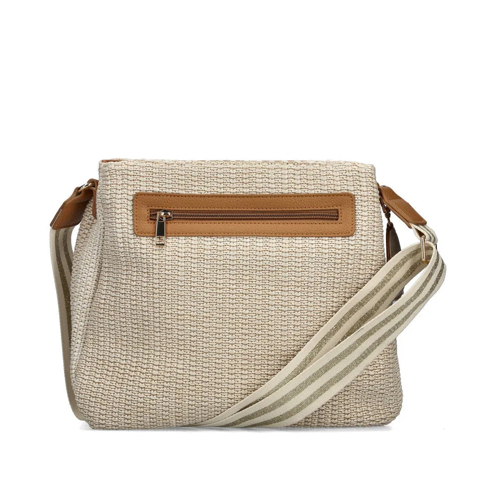 Rieker H1004-62 Pale Gold Handbag with woven texture, zip pocket, and striped shoulder strap. Stylish accessory for everyday use.