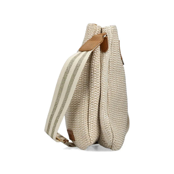 Rieker H1004-62 Pale Gold Two-Tone Handbag with Wide Canvas Strap and Leather Accents.