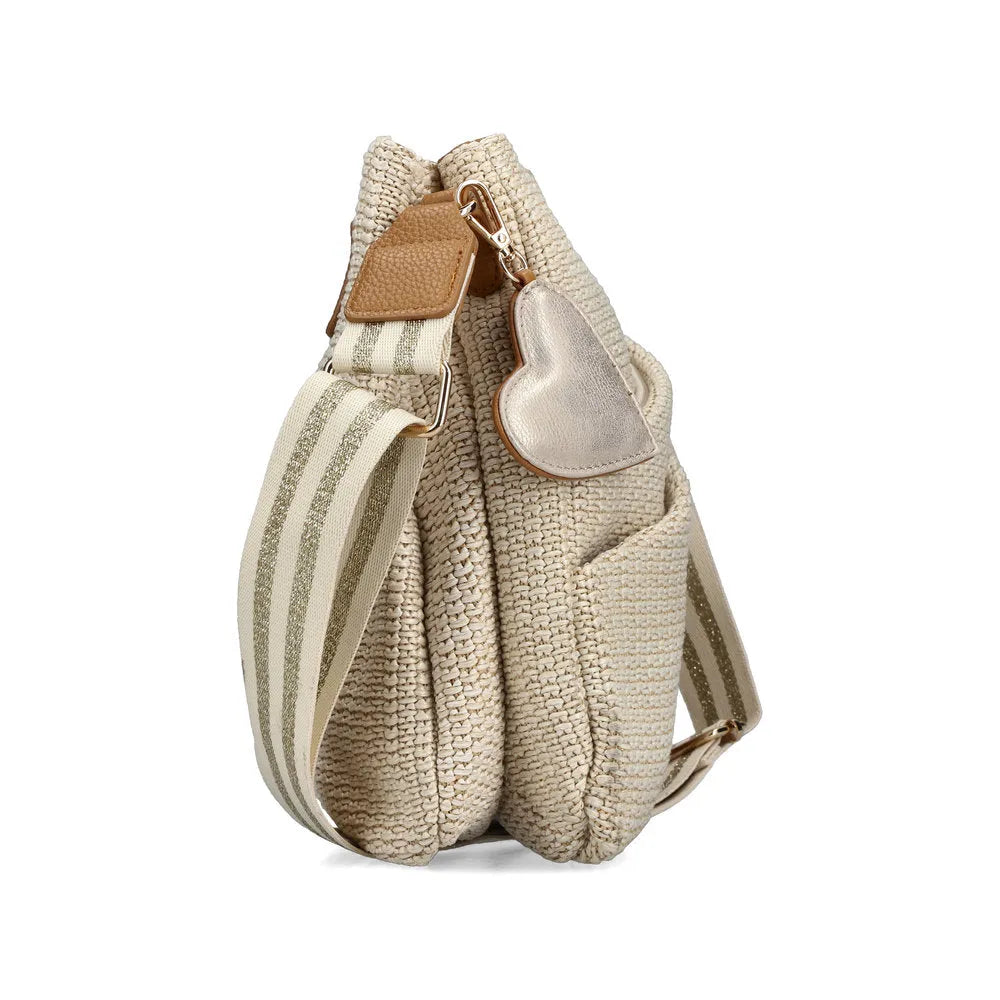 Rieker H1004-62 Pale Gold stylish handbag with woven texture, beige striped strap, and metallic heart charm.