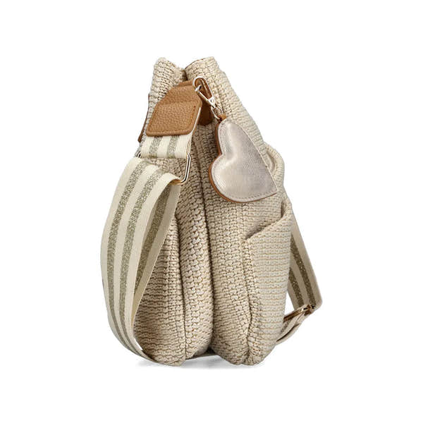 Rieker H1004-62 Pale Gold stylish handbag with woven texture, beige striped strap, and metallic heart charm.