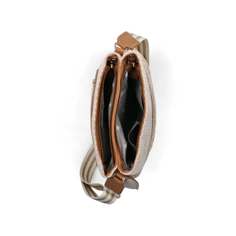 Rieker H1004-62 Pale Gold Handbag with multiple zip compartments, striped strap, and textured design.