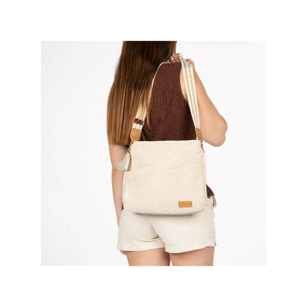 Rieker H1004-62 Pale Gold Handbag with adjustable strap, woven texture, and leather logo detail.