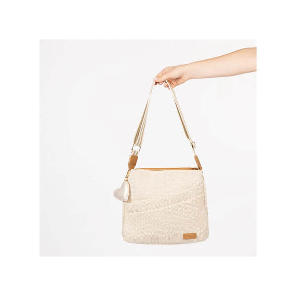 Rieker H1004-62 Pale Gold Handbag with adjustable strap and heart-shaped keychain, woven texture, casual style, lightweight accessory.