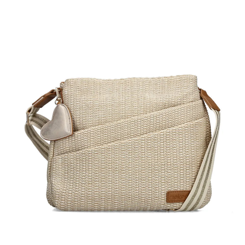 Rieker H1004-62 Pale Gold handbag with woven texture, adjustable striped strap, and heart-shaped charm.