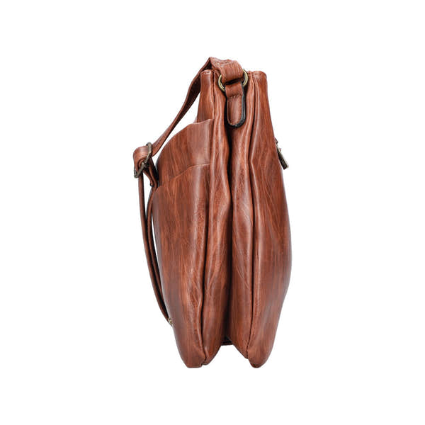Rieker H1005-22 antique nut brown leather handbag with zip, adjustable strap, and side pockets.