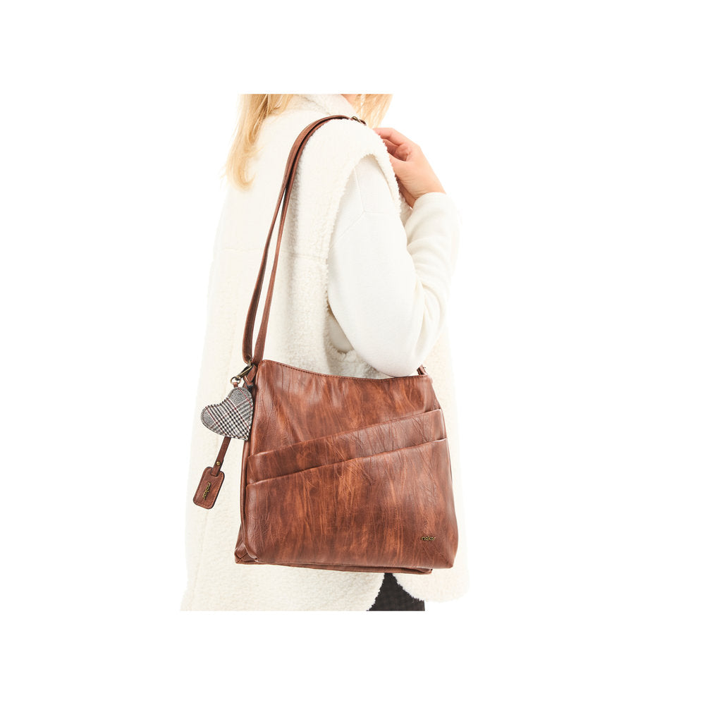 Rieker H1005-22 antique nut brown leather handbag with zip, shoulder strap, and front pockets.