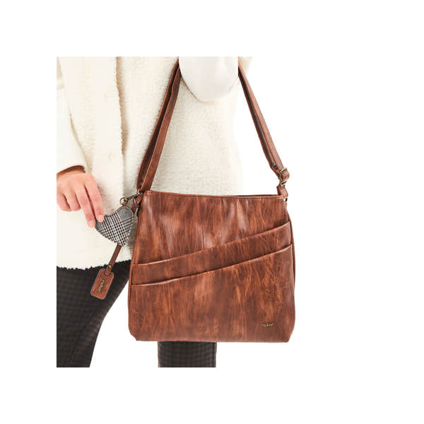 Rieker H1005-22 antique nut brown leather handbag with zip closure, featuring front pockets and adjustable strap.