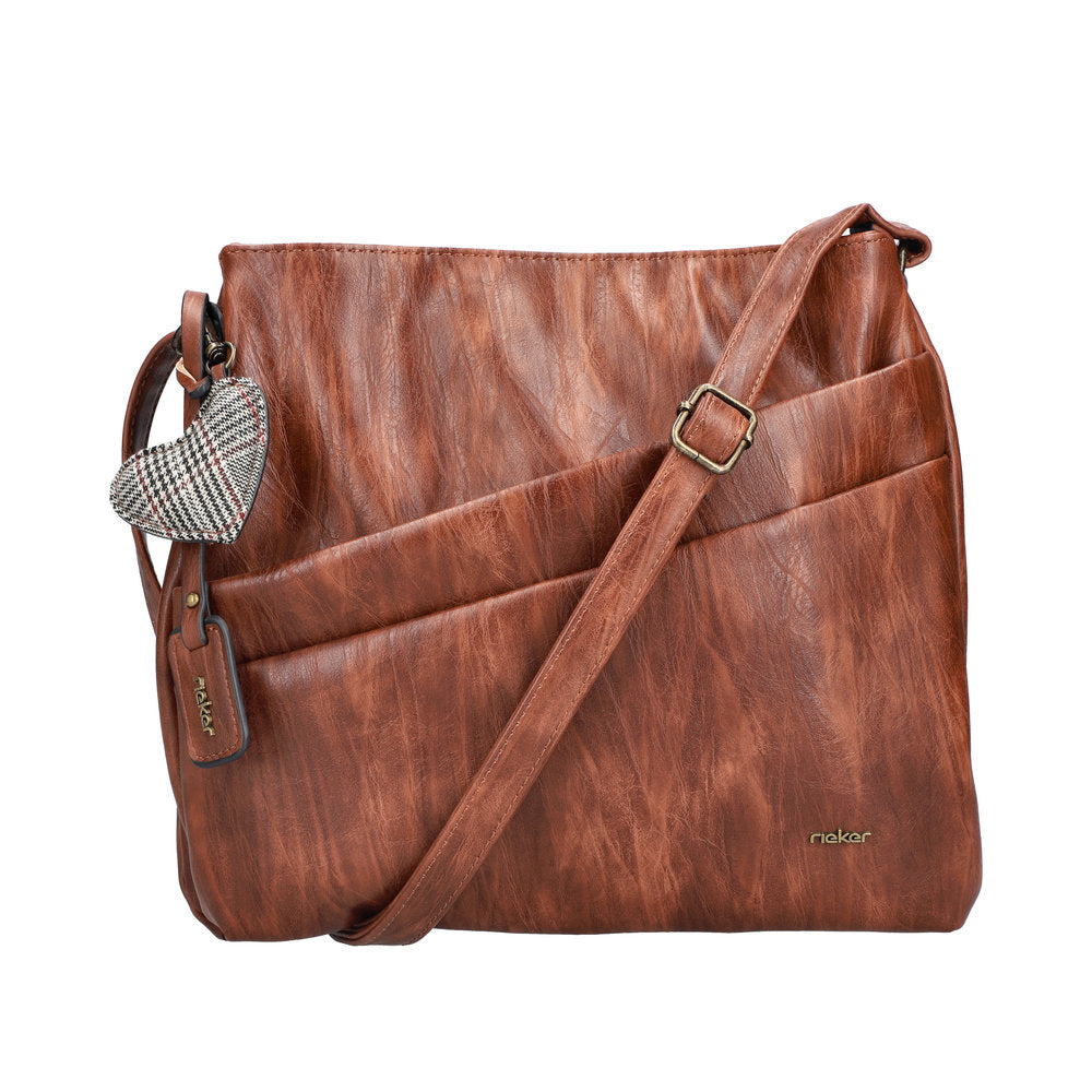 Rieker H1005-22 antique nut brown leather handbag with zip closure and shoulder strap, featuring front pockets and decorative keychain.