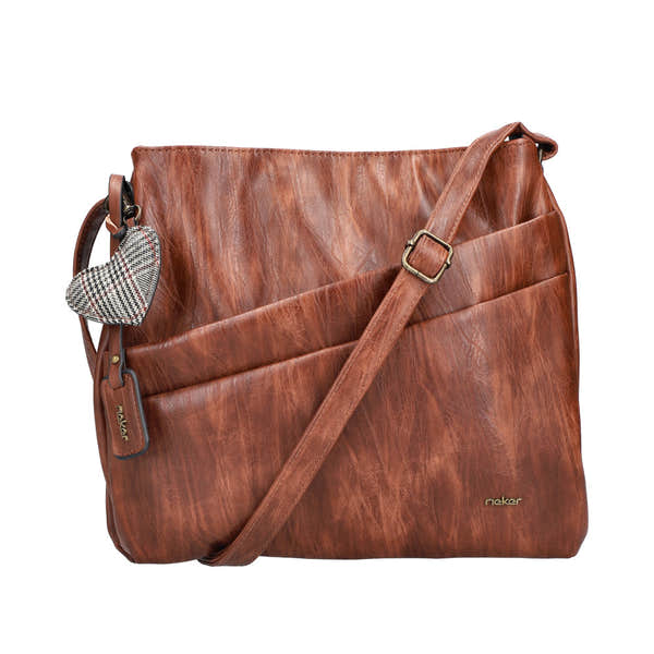 Rieker H1005-22 antique nut brown leather handbag with zip closure and shoulder strap, featuring front pockets and decorative keychain.