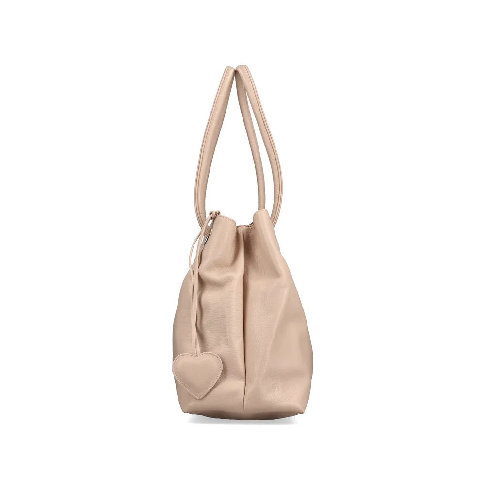 Rieker H1021-31 pink leather handbag with heart charm, dual handles, and spacious interior for women.