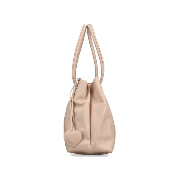 Rieker H1021-31 pink leather handbag with heart charm, dual handles, and spacious interior for women.