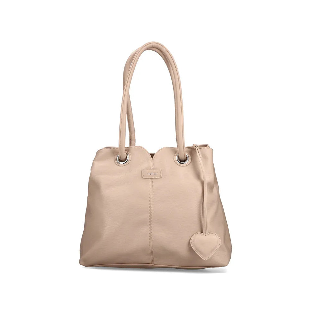 Rieker H1021-31 pink leather handbag with heart charm, dual handles, and spacious interior for everyday use.